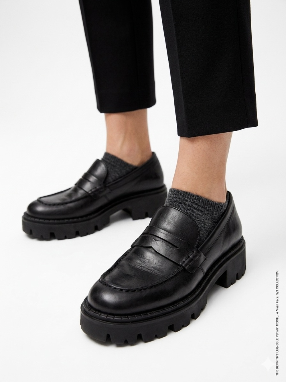 Free People Lyra Lug Sole Black Leather Penny Platform Loafers Chunky Size 39